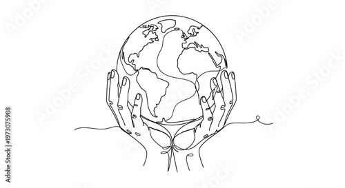 Minimalist line art of hands gently cradling the Earth