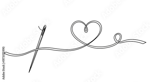 Delicate line art needle stitches a ribbon into a heart shape