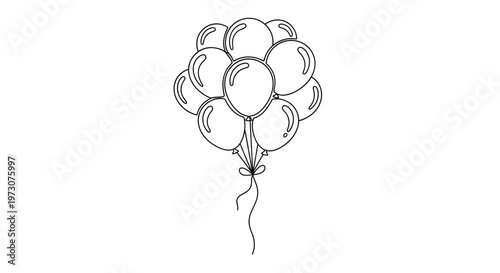 A cluster of ten inflated balloons tied together with a bow