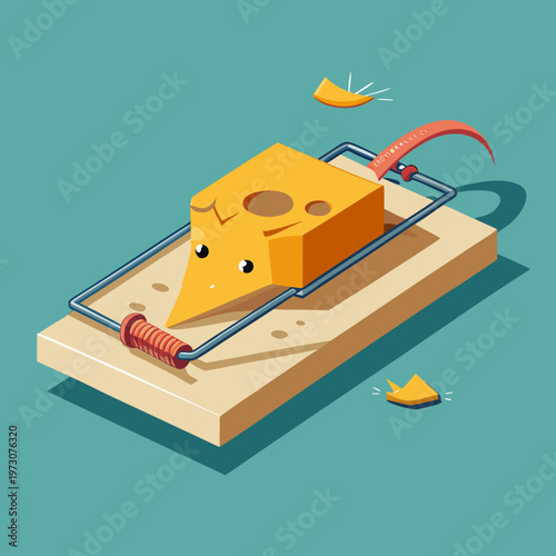 Mouse trap with cheese bait representing danger risk and temptation to catch a mouse or rat