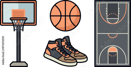Basketball Court Top View with Hoop and Professional Sneakers Flat Illustration
