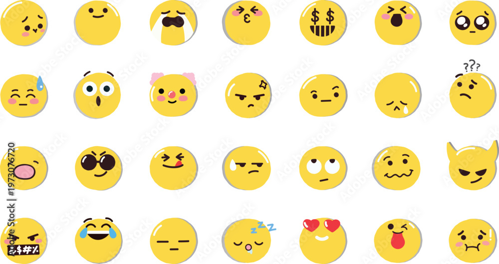 Obraz premium Cute Yellow Texture Emoji Pack – Fun Modern Emoticon Collection. A bright yellow fluffy emoji set featuring soft shaggy texture expressions in a modern and playful style. 