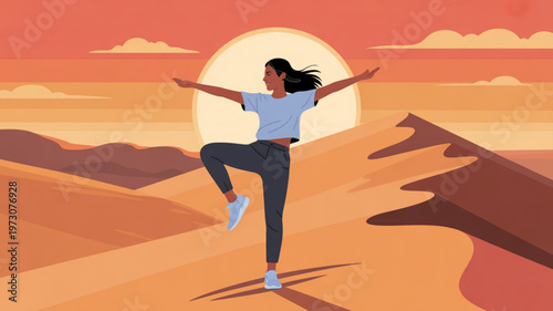 Woman practices yoga on desert mountain peak at sunset serene landscape with orange sky and clouds