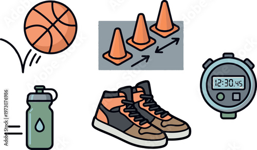 Basketball Training Drills Icons with Cones, Stopwatch, Water Bottle, and Sneakers
