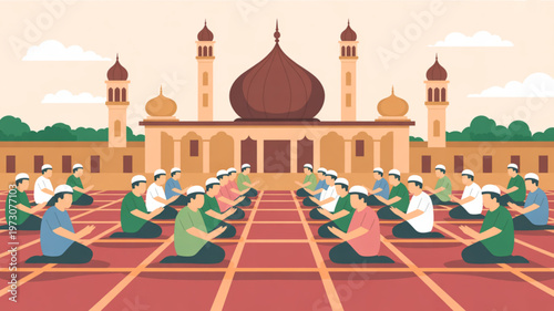 Muslim community praying together in a mosque courtyard with traditional architecture and vibrant colors