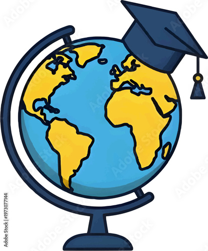 Illustration of a globe with a graduation cap symbolizing global education, online learning, and international study. 