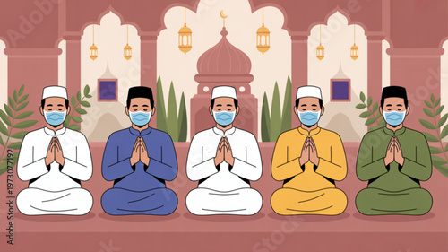 Diverse group of men wearing face masks praying together in a mosque during ramadan with hands clasped in front of them