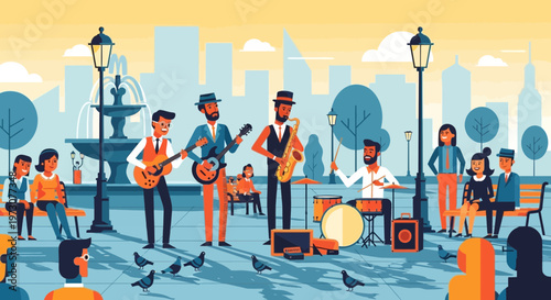 Street Musicians Performing Jazz Music in a City Park with Audience