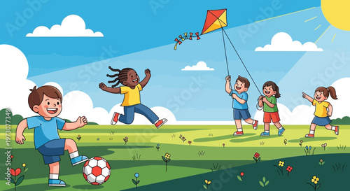 Diverse children playing soccer and flying a kite on a sunny summer day in a park