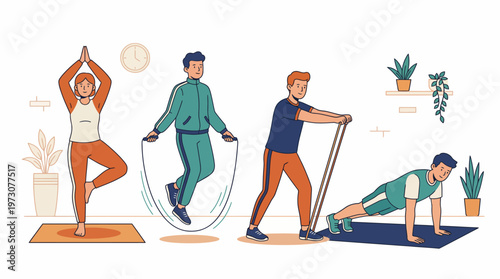Home Workout Fitness Characters Flat Vector Exercise Lifestyle Set