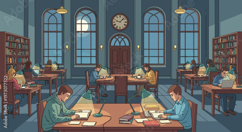Pixel Art Library Interior: Students Studying at Desks Under Moonlight