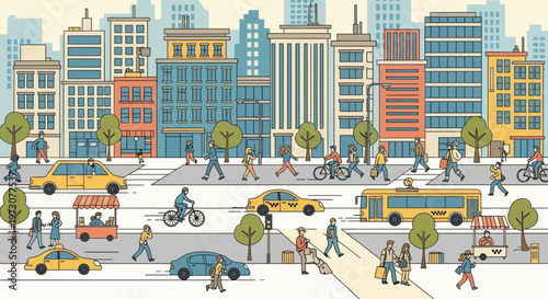 Vibrant City Street Scene with People, Cars, and Buildings