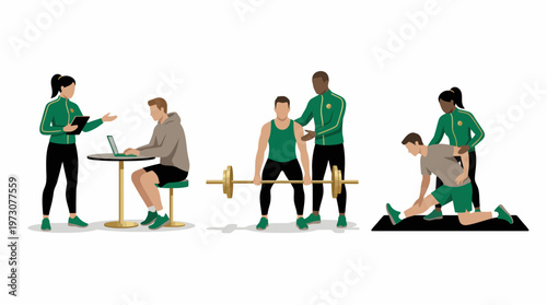 Gym Instructor Coaching Clients Workout Lifestyle Illustration Collection