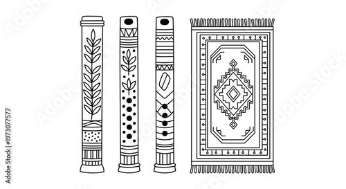 Collection of traditional flutes and a patterned rug featuring geometric and ethnic motifs in a black and white line art.
