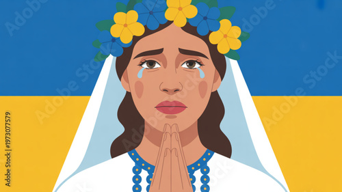 Sad woman with prayer hands and flowers on her head in front of ukraine flag background