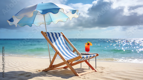 Relaxing tropical beach scene with a blue striped lounge chair, matching umbrella, and a refreshing cocktail on a sunny summer day.