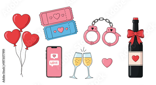 Collection of romantic items including heart balloons, tickets, handcuffs, wine, and champagne for a special date night.