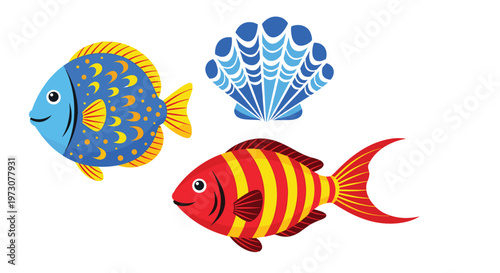 Two colorful tropical fish and a decorative blue seashell presented in a vibrant and friendly illustration style.