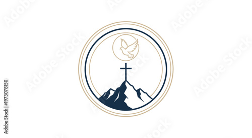 Modern Christian badge logo featuring a cross on a mountain with a flying dove above, symbolizing peace and ascension.