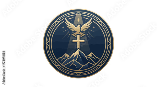 Modern Christian badge logo featuring a cross on a mountain with a flying dove above, symbolizing peace and ascension.