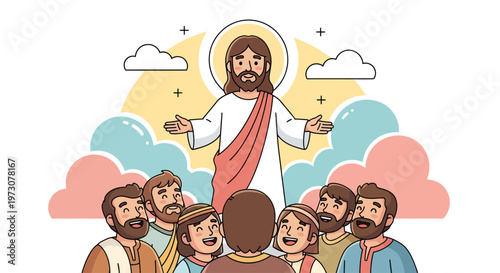 Friendly cartoon illustration of Jesus Christ ascending into heaven with joyful disciples watching below. Soft colors and clean character design make it perfect for children's Bible stories