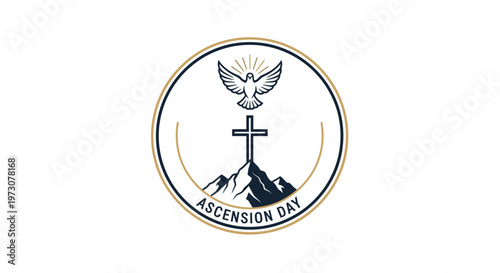 Modern Christian badge logo featuring a cross on a mountain with a flying dove above, symbolizing peace and ascension.