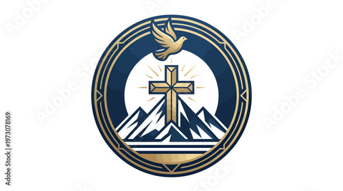 Modern Christian badge logo featuring a cross on a mountain with a flying dove above, symbolizing peace and ascension.
