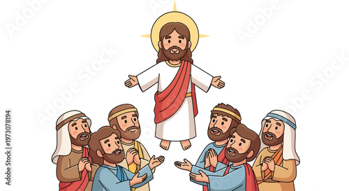 Friendly cartoon illustration of Jesus Christ ascending into heaven with joyful disciples watching below. Soft colors and clean character design make it perfect for children's Bible stories