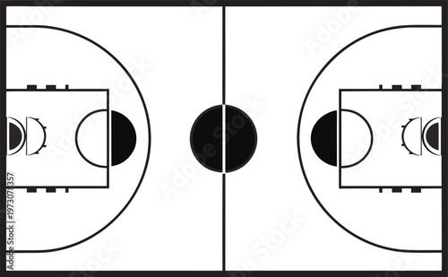 Basketball court top view, clean vector illustration, black and white only, precise court markings, center circle, three-point line, free throw lane, half court line, symmetrical layout, bold clean li