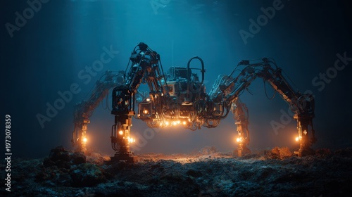 Autonomous hexapod salvage drone crawling seabed, glowing thrusters illuminate rusted wreck and scattered debris mechanical arms probe hull, sensors scan bioluminescent fauna, cinematic blue lighting