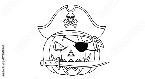 Scary jack o lantern wearing a pirate hat with a skull and crossbones and holding a knife in its mouth.