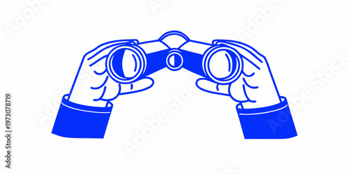 Hands holding blue binoculars in a simple illustrative style