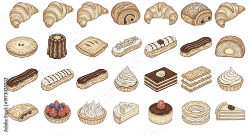 Bakery Breakfast Croissant Pastry Icons Set Vector Food Illustration Collection