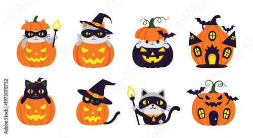 Set of cute Halloween illustrations featuring black and grey cats wearing costumes, sitting in jack-o-lanterns and haunted houses.