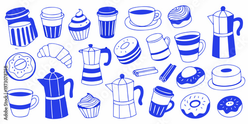 Collection of blue line art illustrations featuring coffee sweets and pastries