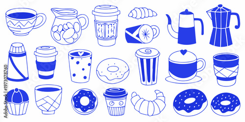 Collection of blue outlined coffee tea and pastry illustrations
