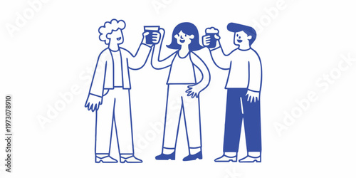 Four friends cheerfully raise their drinks in a celebratory toast