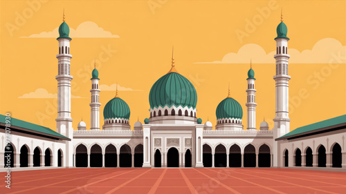 Large mosque with green domes and minarets on red brick courtyard against orange sky