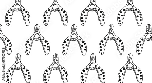 Seamless pattern of hand tools featuring wire cutters or pliers with a spotted handle design repeated on a white background.