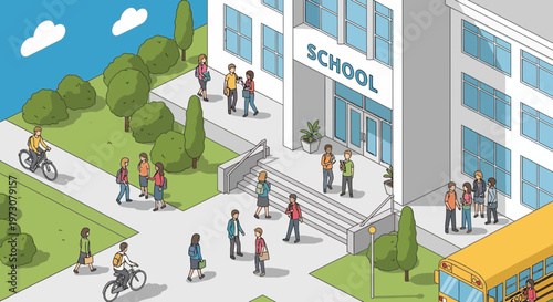 Students arriving at school building, isometric view, school bus, education, learning, community