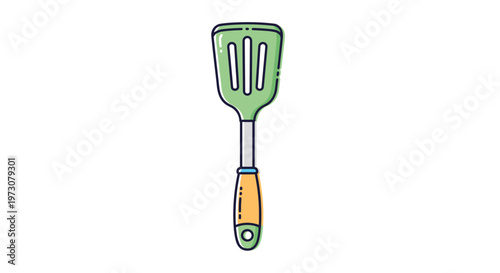 Modern flat illustration of a green kitchen spatula with a yellow and green handle used for cooking and flipping food.