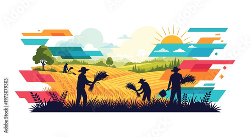 A vibrant vector illustration depicts farmworkers celebrating Cesar Chavez Day, harvesting crops in a sunlit field, rendered in a flat design style with geometric accents and a cheerful