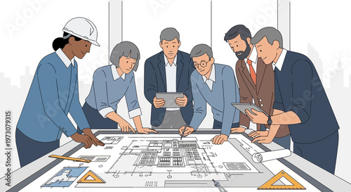 Diverse team of architects and engineers collaborating on building blueprints