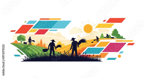 Colorful vector art celebrates Cesar Chavez Day, depicting farmworkers in silhouette harvesting crops on a bright, sunlit hillside with geometric shapes accentuating the agricultural scene