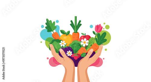 Illustrated hands holding a harvest of fresh produce, including carrots, oranges, plums, and flowers, against a clean white background, in a flat vector design that celebrates
