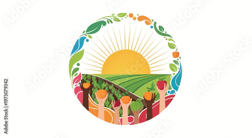 A vibrant vector illustration celebrates Cesar Chavez Day, showcasing diverse farmworker characters raising their hands toward a rising sun over rolling fields, designed in a circular