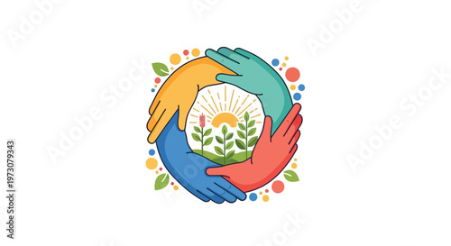 An illustration commemorates Cesar Chavez Day, showcasing a vibrant circle of diverse hands clasped together, symbolizing unity and collaboration in the farmworker movement, set