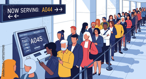 People Queueing for Automated Service Kiosk at Airport or Station
