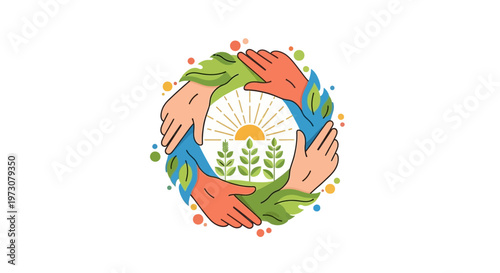 A vector illustration shows a conceptual tribute to Cesar Chavez Day, with diverse hands forming a circle around wheat and a rising sun, designed as a flat icon against a clean background