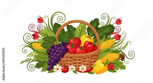 A vibrant vector illustration depicting a wicker basket overflowing with fresh produce like tomatoes, corn, grapes, and peppers, surrounded by floral designs against a clean white